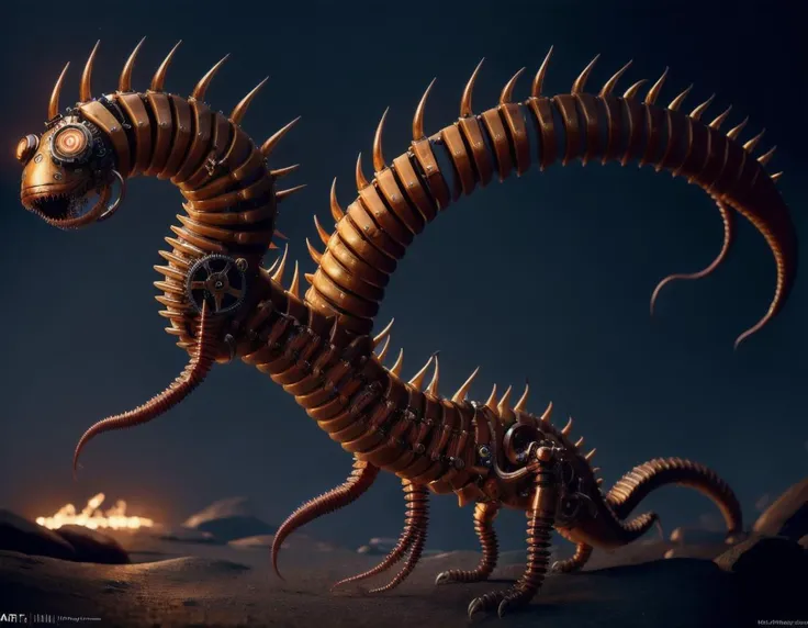 "2d game art side view of mechanical steampunk worm with teeth, full body view, game character design, articulated joints, detailed, blank background, 8k, octane render, unreal engine, trending on artstation", (kkw-hdr:0.69) (kkw-ph-2)