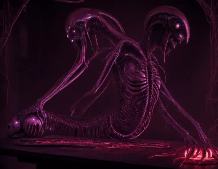 Post-apocalypse, uturistic, bright neon clours, best quality, high resolution, alien , giger, viscera, post, peeled flesh, guro, broken creature, deadman, a dangerous looking sprinkled girl bright neon blood on top of a table with a alien head, high contrast, sharp purple neon, in the style of giger in the hole, deep contrast, hyperrealism, hyper realistic color photo, realistic photography, ultra realistic, biomechinical, biomachines, ((hnsrdlf style)), detailed reflections, dark atmosphere, gothic art, futuristic, realistic blood, realistic reflections, RTX graphic, HDR, ultra detailed, real blood