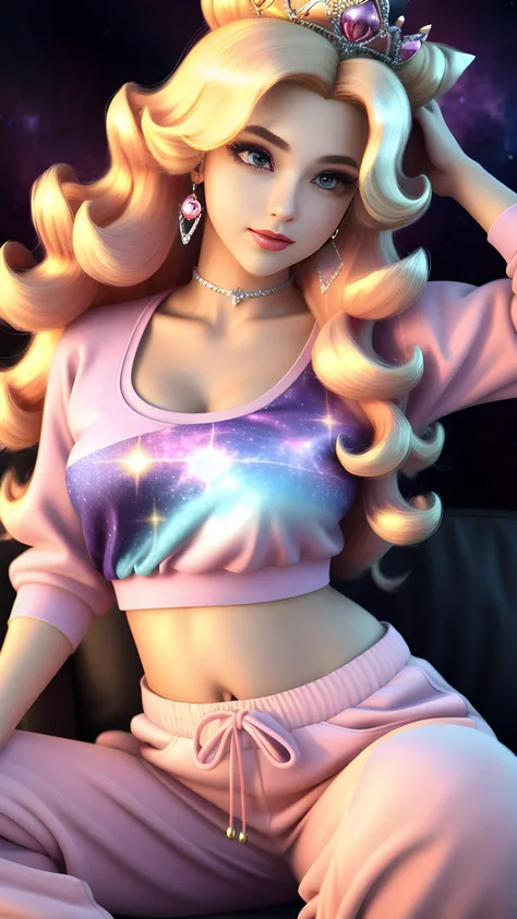 pink, (Princess Peach), (sweatpants)1.3, spread legs, baggy tshirt, belly, (big belly)0.6, choker, purple choker, Princess Peach, sitting on couch, sexy body, wearing princess peach crown, wrappers, cinematic lighting, adult, perfect skin, frown, frizzy, (princess peach render)1.3, (chubby body)1.2, (best quality, masterpiece, 4k, ultra detailed, sharp focus, 8k, high definition, insanely detailed, intricate)1.2, trippy galaxy shirt, shirt made of impossible geometry, detailed background