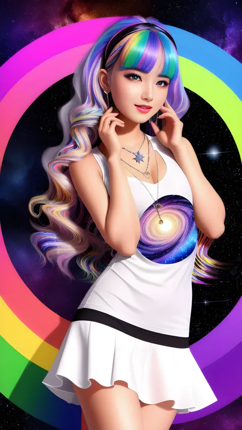 (masterpiece)0.7, best quality, illustration, 1girl, white hair, short skirt, shirt, shoes, heartbroken necklace, barrette, black hole in the background, stars, space, lying down, best quality, high resolution, extremely detailed, detailed background, perfect lighting, (colorful, vivid color)1.4, 1girl, rainbow hair, cotton candy cloud, sky, smile, dynamic pose, beautiful pose, spread legs, detailed face, ultra hd, 8k