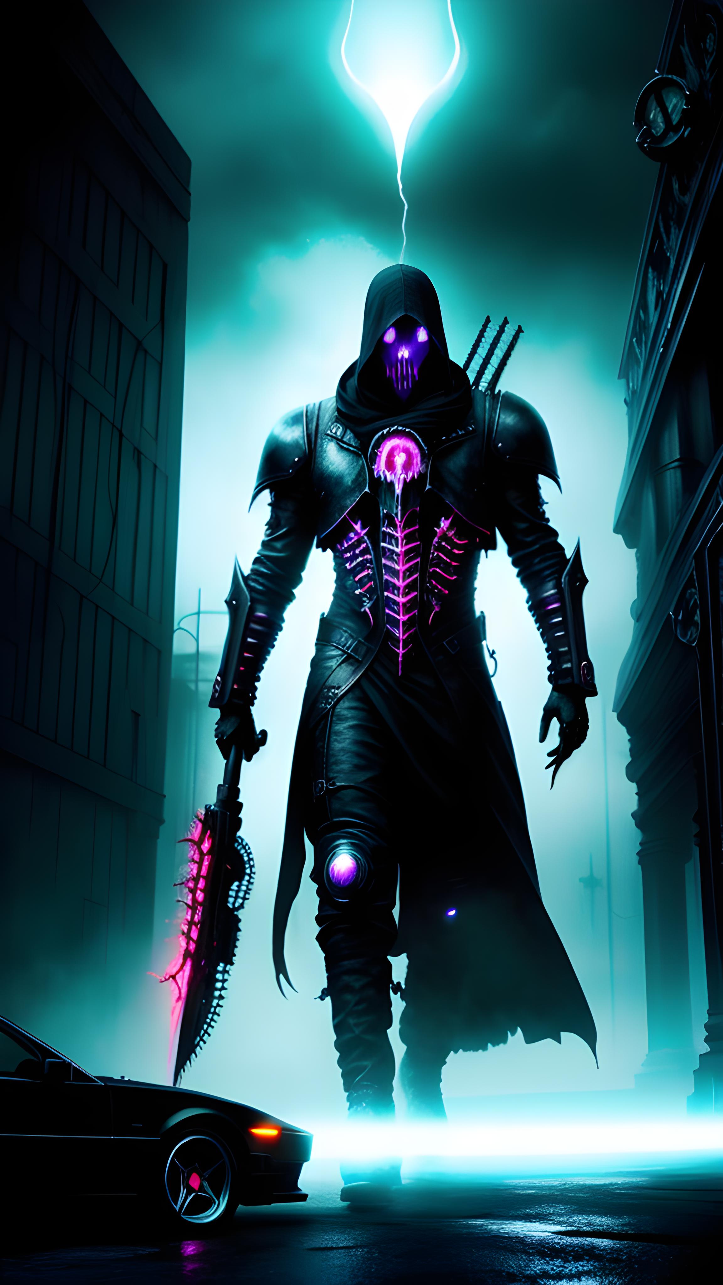 A man in a black outfit holding a sword and a car - SeaArt AI