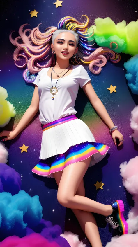 (masterpiece)0.7, best quality, illustration, 1girl, white hair, short skirt, shirt, shoes, heartbroken necklace, barrette, black hole in the background, stars, space, lying down, best quality, high resolution, extremely detailed, detailed background, perfect lighting, (colorful, vivid color)1.4, 1girl, rainbow hair, cotton candy cloud, sky, smile, dynamic pose, beautiful pose, spread legs, detailed face, ultra hd, 8k