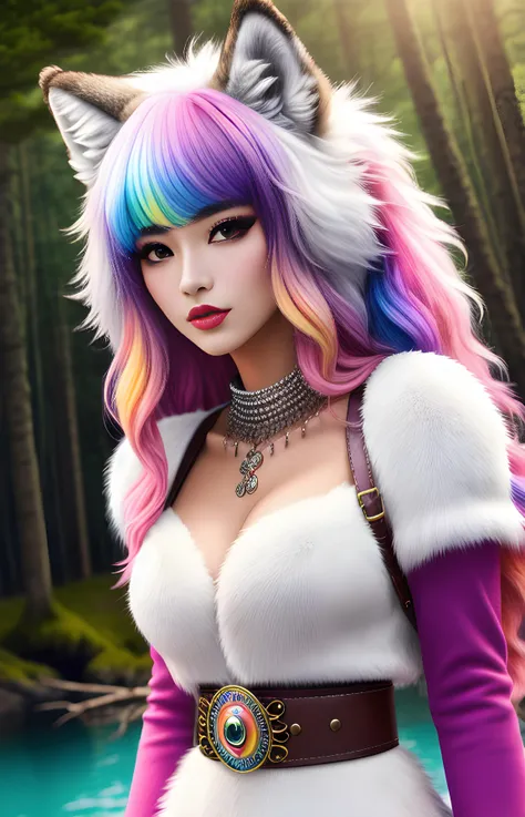 1girl, furry girl, anime furry women, (best quality)), ((masterpiece)), ((realistic)), (detailed), portrait, close up, young female, RAW photo, uhd, dslr, rainbow hair, high quality, realistic, photo realistic, dreamlikeart, lens flare, upper body, looking at viewer, animal focus, furry, wolf fursuit, 1girl, cute, kawaii, lovely, fur, fur head, wolf head, narrow waist, wolf ears, chocker with rope, blush, paw, paw shoes, rainbow clothes, stunning gradient colors, no watermark signature, detailed background, woods, small lake with island, insanely detailed, ((masterpiece)), absurdres, HDR