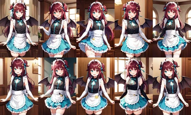 masterpiece, best quality, highres, aaroa, long hair, two side up, ahoge, maid headdress, hair ornament, horns, heterochromia, fang, wings, small breasts, maid, frills, black shirt, clothing cutout, sleeveless, detached sleeves, frilled skirt, blue skirt, apron, white thighhighs, <lora:yuzuki_roa_v1:0.7>, standing, cowboy shot, smile, indoors