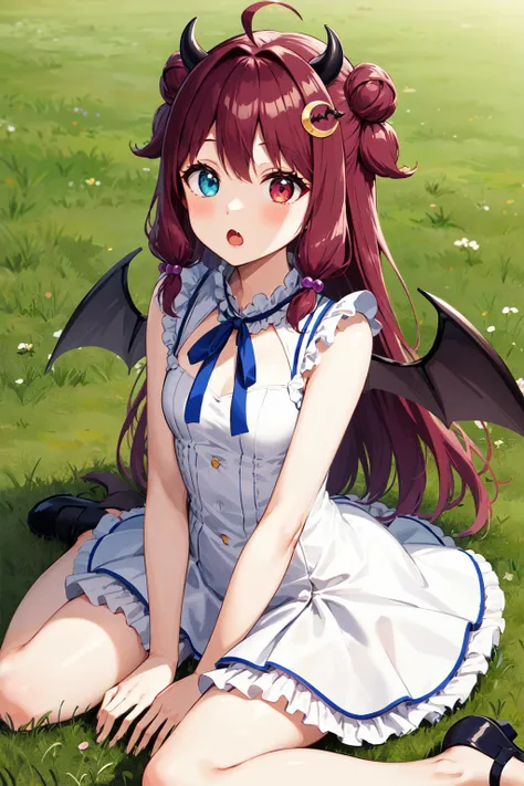 masterpiece, best quality, highres, aaroa, long hair, two side up, double bun, ahoge, mini crown, hair ornament, hair bobbles, horns, heterochromia, fang, wings, small breasts, sleeveless dress, frilled dress, white dress, blue ribbon, <lora:yuzuki_roa_v1:0.7>, wariza, field, :o, outdoors