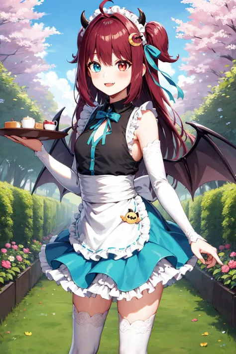 masterpiece, best quality, highres, aaroa, long hair, two side up, ahoge, maid headdress, hair ornament, horns, heterochromia, fang, wings, small breasts, maid, frills, black shirt, clothing cutout, sleeveless, detached sleeves, frilled skirt, blue skirt, apron, white thighhighs, <lora:yuzuki_roa_v1:0.7>, garden, holding tray, smile, standing,
