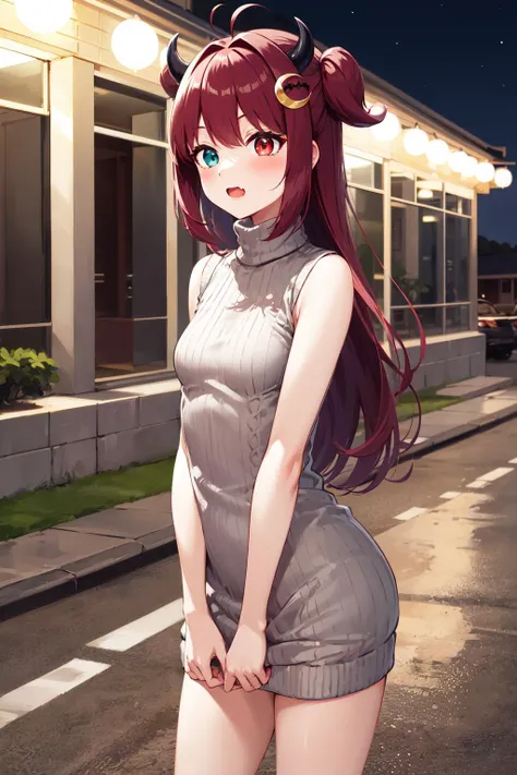 masterpiece, best quality, highres, aaroa, long hair, two side up, ahoge, hair ornament, horns, heterochromia, fang, small breasts, <lora:yuzuki_roa_v1:0.7>, sweater dress, turtleneck, ribbed sweater, sleeveless, bare arms, street, night, standing, cowboy shot, v arms,