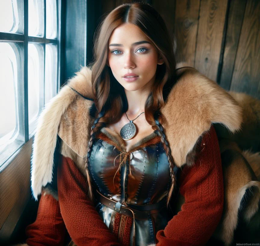 cute woman, brunette hair, blue pale eyes, in medieval tabern <lora:0pen:1>, professional light, cinematic lighting, fashion photography, ambient lighting, atmospheric effects, <lora:VikingArmor:1>, as viking woman, wearing intricate viking dress, fur, (adrianalima:1.1)
