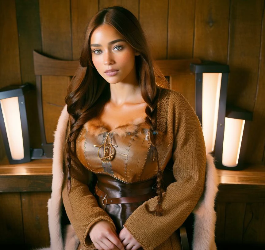 cute woman, brunette hair, blue pale eyes, caramel skin tone, in medieval tabern <lora:0pen:1>, professional light, cinematic lighting, fashion photography, ambient lighting, atmospheric effects, <lora:VikingArmor:1>, as viking woman, wearing intricate viking dress, fur, (adrianalima:1.1)