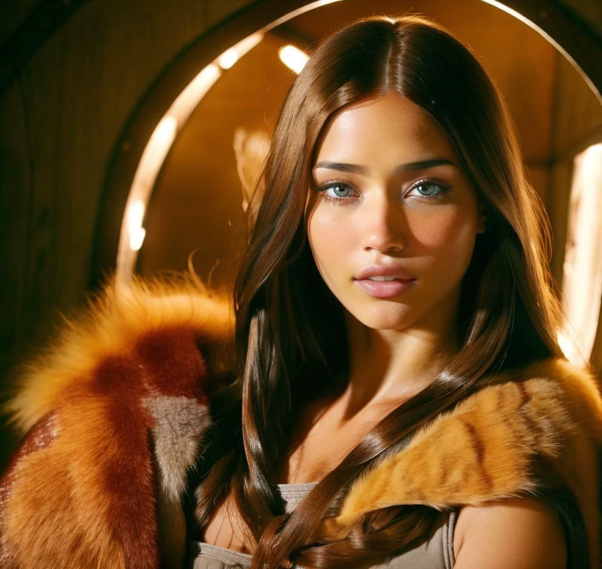 cute woman, brunette hair, blue pale eyes, caramel skin tone, in medieval tabern <lora:0pen:1>, professional light, cinematic lighting, fashion photography, ambient lighting, atmospheric effects, <lora:VikingArmor:1>, as viking woman, fur, (adrianalima:1.1)