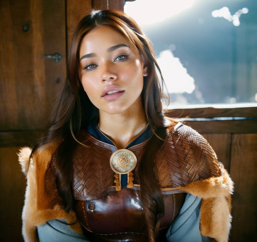 cute woman, brunette hair, blue pale eyes, caramel skin tone, strong jaw, big cheeks bone, in medieval tabern <lora:0pen:1>, professional light, cinematic lighting, fashion photography, ambient lighting, atmospheric effects, <lora:VikingArmor:1>, as viking woman, fur, (adrianalima:1.1) <lora:epiCRealLife:1>