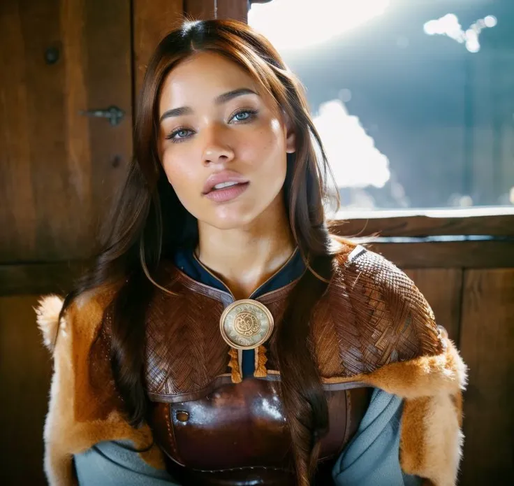 cute woman, brunette hair, blue pale eyes, caramel skin tone, strong jaw, big cheeks bone, in medieval tabern <lora:0pen:1>, professional light, cinematic lighting, fashion photography, ambient lighting, atmospheric effects, <lora:VikingArmor:1>, as viking woman, fur, (adrianalima:1.1) <lora:epiCRealLife:1>