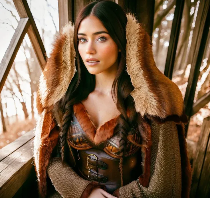 cute woman, brunette hair, in castel forest,  <lora:0pen:1>, professional light, cinematic lighting, fashion photography, ambient lighting, atmospheric effects,  <lora:VikingArmor:1>, as viking woman, wearing intricate viking dress, fur,  (adrianalima:1.1)