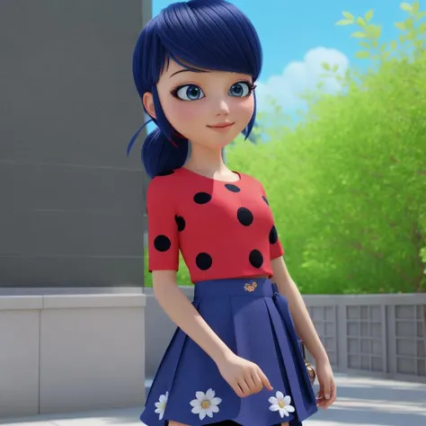 ladybug,<lora:ladybug:0.9>,realistic,detailed,complex background,wearing top and skirt,
