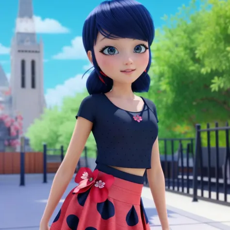 ladybug,<lora:ladybug:0.9>,realistic,detailed,complex background,wearing top and skirt,