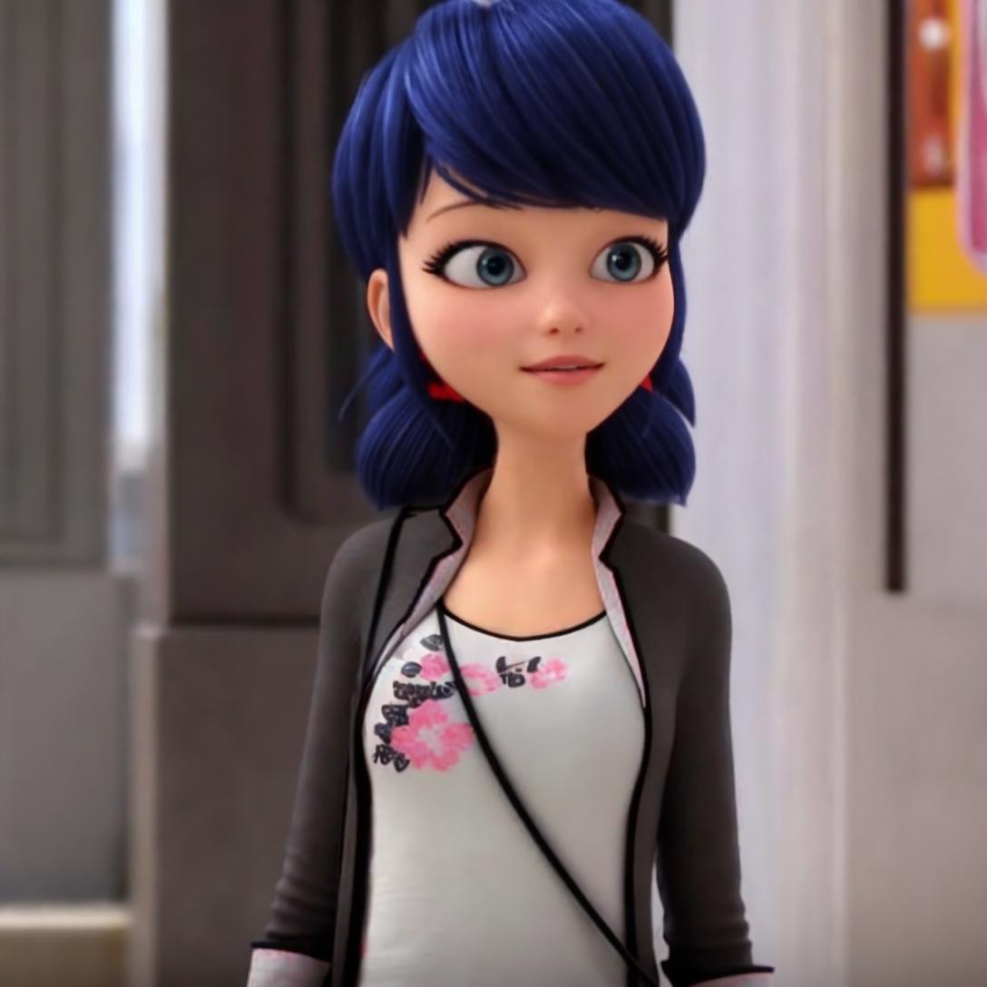 A close up of a cartoon character with blue hair and a black jacket ...