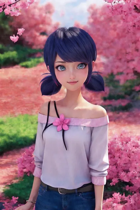 <lora:ladybug_rel_128:0.7>, a ladybug, casual dressed, closeup, glowing, twintails <lora:picre_del:0.7>, picre style, pink flowers