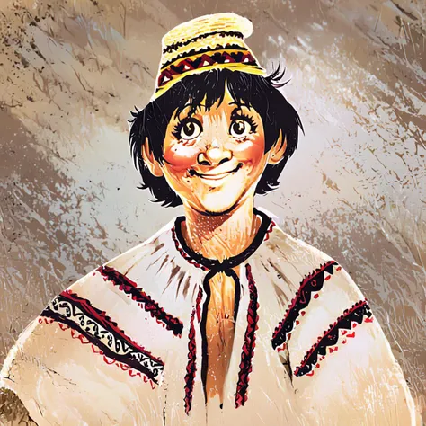 image in cocacret style of 1man, short black hair, (danny de vito:0.6), trickster, peasant, man wearing traditional romanian peasant clothing, man wearing clop-like straw hat, man wearing undecorated ie-like peasant blouse, looking at viewer, children's book illustration