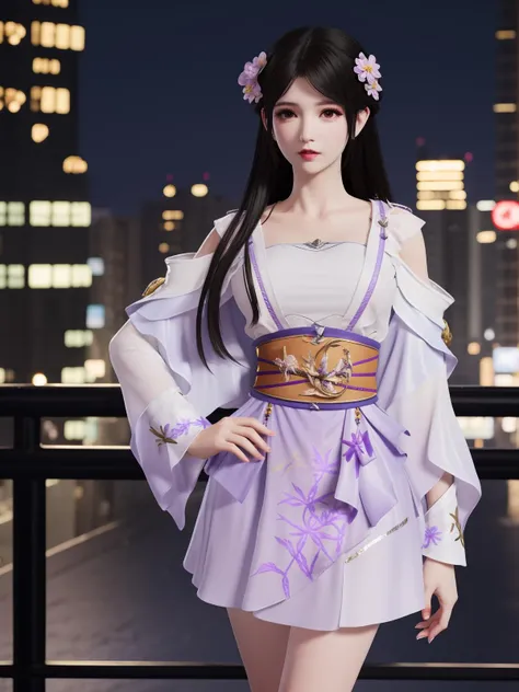 YJWJyingzipingRYLSpurple,1girl,solo,long hair,sash,hair flower,black hair,obi,<lora:YJWJyingzipingRYLSpurple:0.75>,cityscape,night,looking at viewer,mature female,hand on hip,