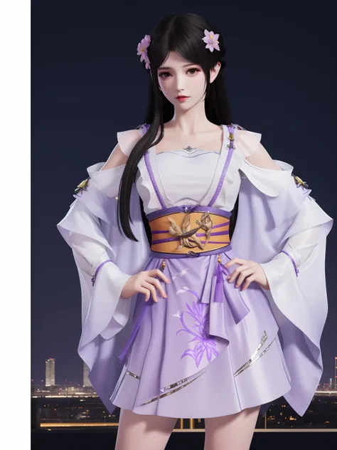 YJWJyingzipingRYLSpurple,1girl,solo,long hair,sash,hair flower,black hair,obi,<lora:YJWJyingzipingRYLSpurple:0.75>,cityscape,night,looking at viewer,mature female,hand on hip,