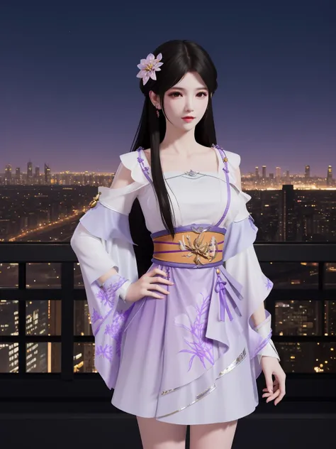 YJWJyingzipingRYLSpurple,1girl,solo,long hair,sash,hair flower,black hair,obi,<lora:YJWJyingzipingRYLSpurple:0.75>,cityscape,night,looking at viewer,mature female,hand on hip,
