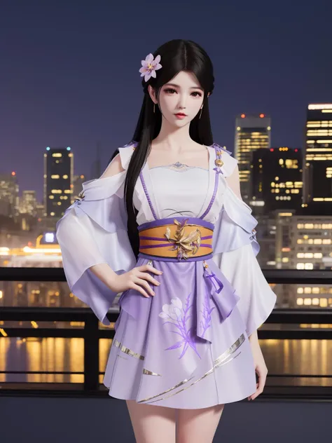 YJWJyingzipingRYLSpurple,1girl,solo,long hair,sash,hair flower,black hair,obi,<lora:YJWJyingzipingRYLSpurple:0.75>,cityscape,night,looking at viewer,mature female,hand on hip,