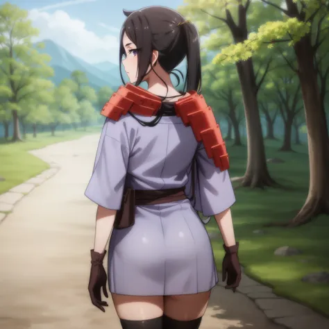 <lora:Yamato:1>
best quality, 4k, ((masterpiece)), extremely detailed, 8k, trending on ArtStation, Intricate, High Detail, Sharp focus,outdoors, forest,
1girl, solo, japanese armor, side ponytail, sode, shoulder armor, japanese clothes, black hair, kimono, gloves, frown, purple eyes,sarashi,cowboy shot, from behind,thighhighs, looking at viewer, sash,
