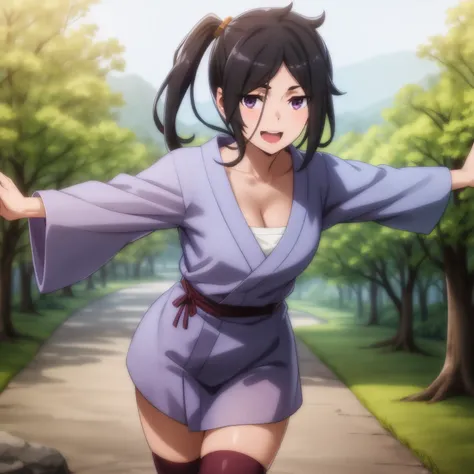 <lora:Yamato:1>
best quality, 4k, ((masterpiece)), extremely detailed, 8k, trending on ArtStation, Intricate, High Detail, Sharp focus,outdoors, forest,
1girl, solo, purple eyes, black hair, japanese clothes, outstretched arms, side ponytail, sarashi, open mouth,smile,, collarbone, short hair, breasts, cleavage, wooden wall,cowboy shot, zettai ryouiki, sash, long sleeves,pov, smile,facing viewer, red thighhighs,