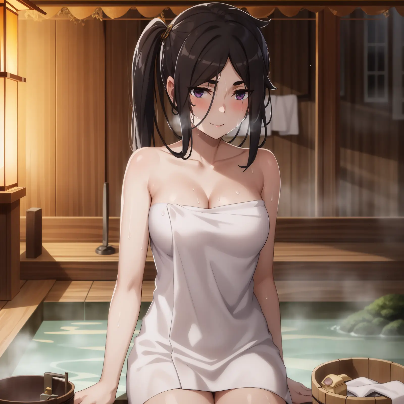 <lora:Yamato:1>
best quality, 4k, ((masterpiece)), extremely detailed, 8k, trending on ArtStation, Intricate, High Detail, Sharp focus,outdoors, forest,
1girl, towel, black hair, solo, bucket, side ponytail, naked towel, purple eyes, long hair, breasts, cleavage, medium breasts, onsen,smile, sweat, cowboy shot, sitting,
