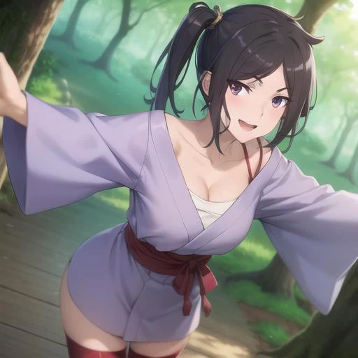 <lora:danmachiYamato_v10:0.8>,best quality, 4k, ((masterpiece)), extremely detailed, 8k, trending on ArtStation, Intricate, High Detail, Sharp focus,outdoors, forest, 1girl, solo, purple eyes, black hair, japanese clothes, outstretched arms, side ponytail, sarashi, open mouth,smile,, collarbone, short hair, breasts, cleavage, wooden wall,cowboy shot, zettai ryouiki, sash, long sleeves,pov, smile,facing viewer, red thighhighs,