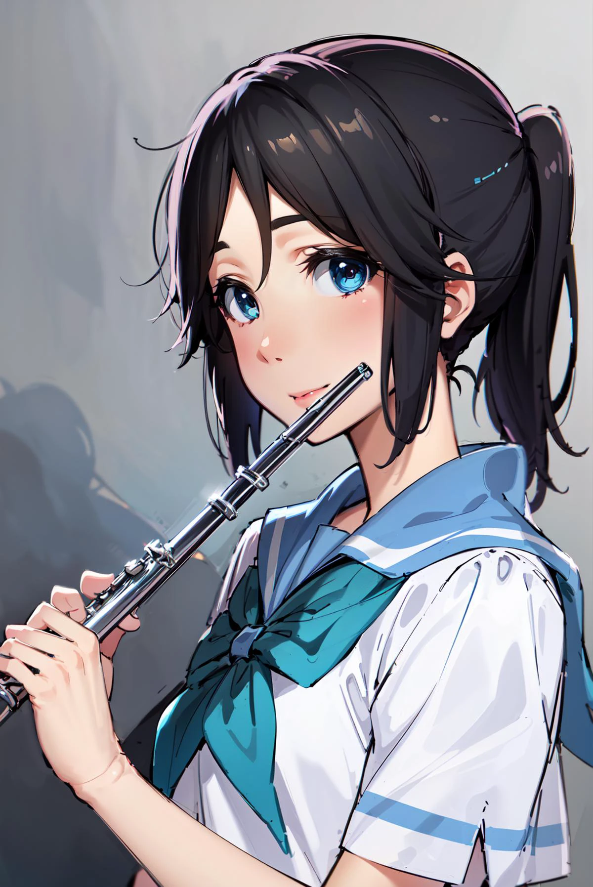 1girl, blue eyes, kitauji_high_school_uniform, short ponytail, flute, playing flute, <lora:nozomi :0.8:OUTALL> <lora:brass_flute:0.7> portrait,