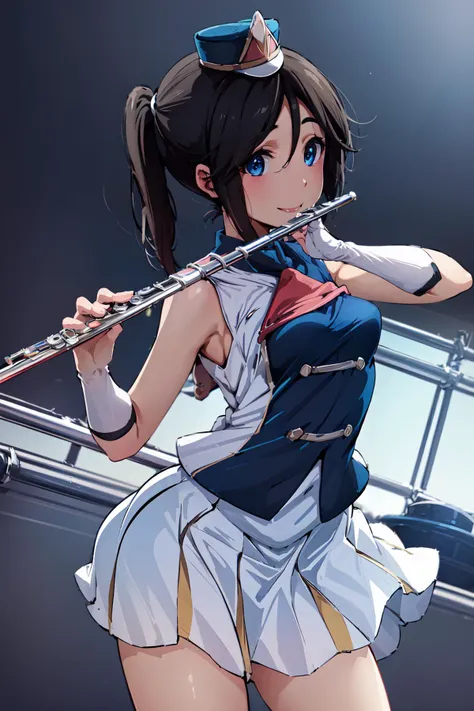 1girl, blue eyes, sunfes, uniform, (mini shako cap:0.8), short ponytail, flute, playing flute, <lora:nozomi :0.8:OUTD> <lora:brass_flute:0.9> <lora:sunfes-v2:0.9> , white serafuku, smile, small breasts,