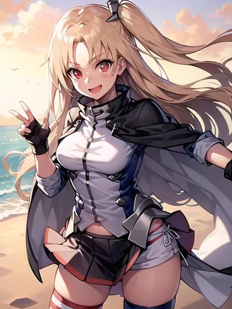 (hyper extreme detailed),(masterpeace),(hyper extreme),(photorealistic),CG,(colour:1.2), beautiful lighting,light from the front,official art, solo,1girl,standing,looking at viewer,view straight on,outdoor,beach, <lora:Cleveland:0.95>, cleveland_\(azur_lane\),american_flag_legwear, black_gloves, blonde_hair, black fingerless gloves, ulticolored_clothes, multicolored_legwear, (light one side up:1), pleated_skirt,white cape,red_eyes,