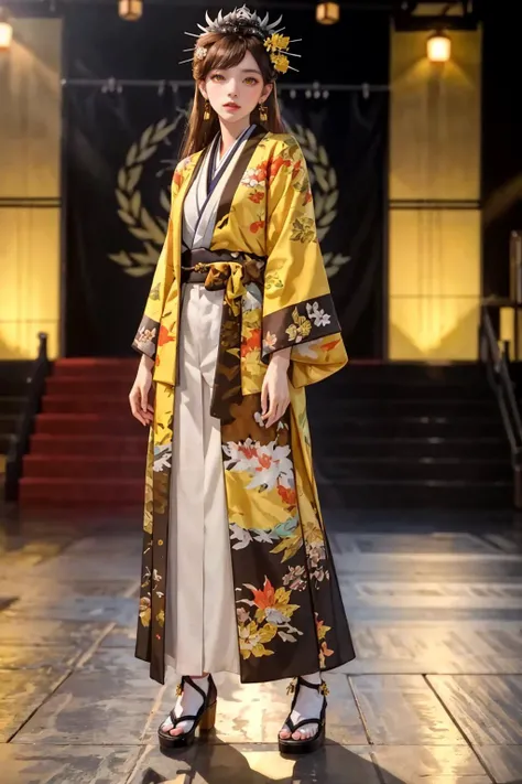 8K,highres,absurdres,masterpiece,best quality,original,extremely detailed CG,extremely detailed wallpaper,perfect lighting,<lyco:GoodHands-beta2:1>,1girl,blurry_background,looking_at_viewer,standing on the stage,
<lora:IrokiKingohger:0.7>,IrokiKingohger,very long hair,brown hair,hair ornament,jewelry,yellow eyes,earrings,japanese clothes,wide sleeves,black kimono,animal print,hair stick,