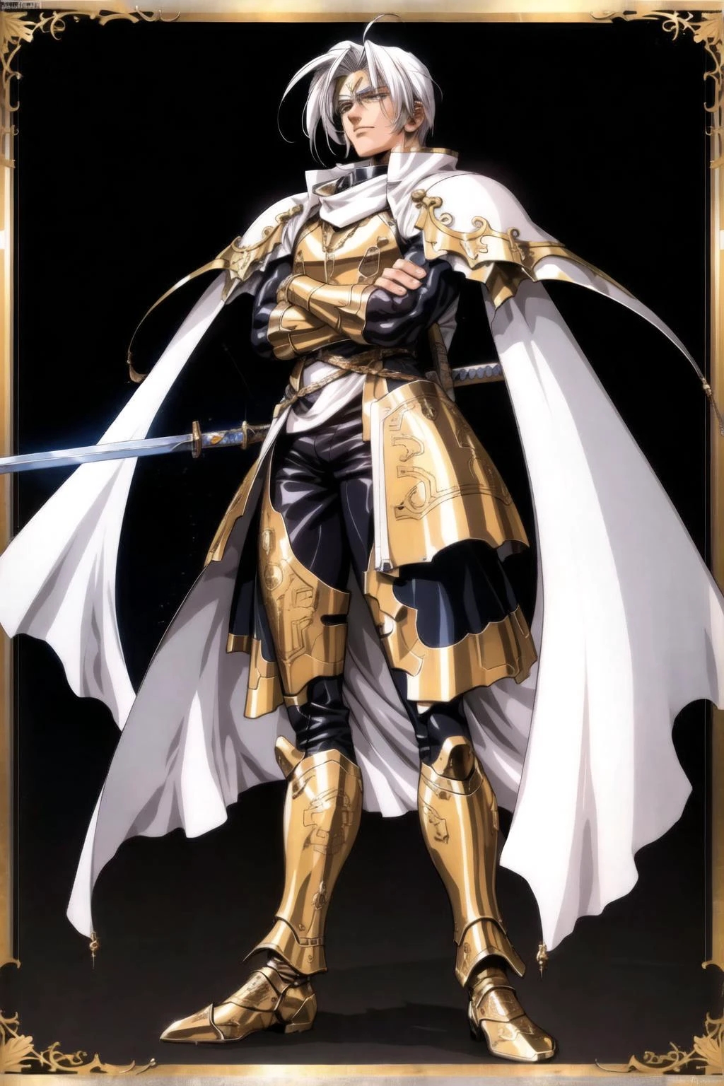 urushihara satoshi, 1boy, armor, black background, boots, cape, crossed arms, full body, letterboxed, long hair, male focus, solo, standing, sword, transparent background, weapon, white hair <lora:Uruv1:0.6>