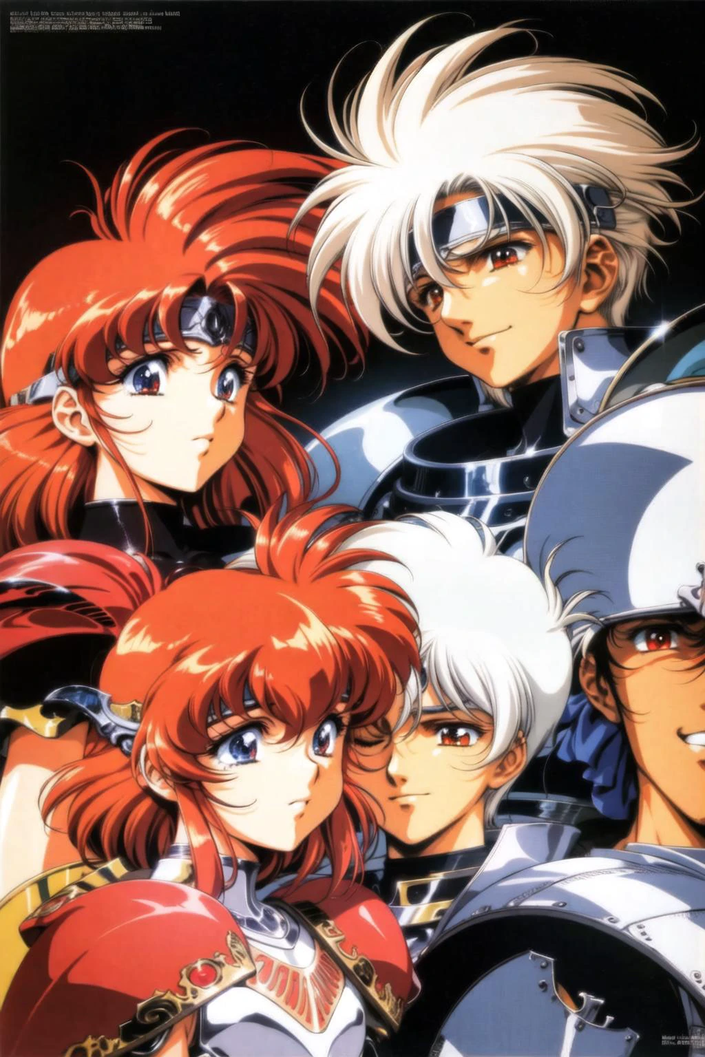 urushihara satoshi, 1990s \(style\), 2boys, armor, blonde hair, blue eyes, brown hair, closed eyes, headband, long hair, multiple boys, multiple girls, orange hair, pauldrons, red eyes, red hair, retro artstyle, shiny, short hair, shoulder armor, silver hair, smile, white hair<lora:Uruv1:0.6>