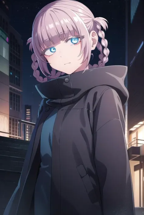 nazunananakusa, <lora:nazuna nanakusa s1-lora-nochekaiser:1>,
nazuna nanakusa, short hair, bangs, blue eyes, pink hair, braid, blunt bangs, hair rings, ringed eyes,
BREAK hood, coat, turtleneck, hood down, black coat,
BREAK outdoors, city, night sky, night, moon, star \(sky\),
BREAK looking at viewer,
BREAK <lyco:GoodHands-beta2:1>, (masterpiece:1.2), best quality, high resolution, unity 8k wallpaper, (illustration:0.8), (beautiful detailed eyes:1.6), extremely detailed face, perfect lighting, extremely detailed CG, (perfect hands, perfect anatomy),