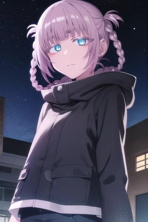 nazunananakusa, <lora:nazuna nanakusa s1-lora-nochekaiser:1>,
nazuna nanakusa, short hair, bangs, blue eyes, pink hair, braid, blunt bangs, hair rings, ringed eyes,
BREAK hood, coat, turtleneck, hood down, black coat,
BREAK outdoors, city, night sky, night, moon, star \(sky\),
BREAK looking at viewer,
BREAK <lyco:GoodHands-beta2:1>, (masterpiece:1.2), best quality, high resolution, unity 8k wallpaper, (illustration:0.8), (beautiful detailed eyes:1.6), extremely detailed face, perfect lighting, extremely detailed CG, (perfect hands, perfect anatomy),
