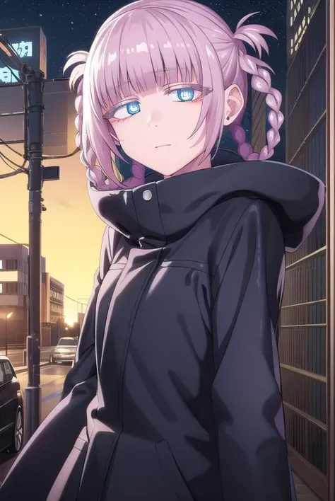 nazunananakusa, <lora:nazuna nanakusa s1-lora-nochekaiser:1>,
nazuna nanakusa, short hair, bangs, blue eyes, pink hair, braid, blunt bangs, hair rings, ringed eyes,
BREAK hood, coat, turtleneck, hood down, black coat,
BREAK outdoors, city, night sky, night, moon, star \(sky\),
BREAK looking at viewer,
BREAK <lyco:GoodHands-beta2:1>, (masterpiece:1.2), best quality, high resolution, unity 8k wallpaper, (illustration:0.8), (beautiful detailed eyes:1.6), extremely detailed face, perfect lighting, extremely detailed CG, (perfect hands, perfect anatomy),