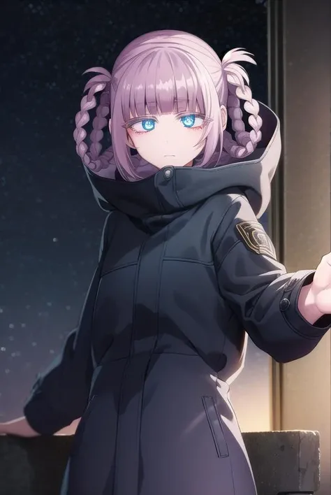 nazunananakusa, <lora:nazuna nanakusa s1-lora-nochekaiser:1>,
nazuna nanakusa, short hair, bangs, blue eyes, pink hair, braid, blunt bangs, hair rings, ringed eyes,
BREAK hood, coat, turtleneck, hood down, black coat,
BREAK outdoors, city, night sky, night, moon, star \(sky\),
BREAK looking at viewer,
BREAK <lyco:GoodHands-beta2:1>, (masterpiece:1.2), best quality, high resolution, unity 8k wallpaper, (illustration:0.8), (beautiful detailed eyes:1.6), extremely detailed face, perfect lighting, extremely detailed CG, (perfect hands, perfect anatomy),