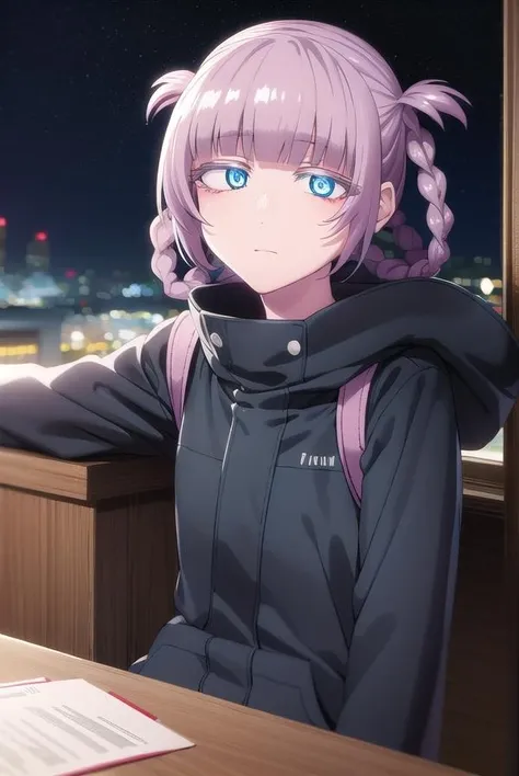 nazunananakusa, <lora:nazuna nanakusa s1-lora-nochekaiser:1>,
nazuna nanakusa, short hair, bangs, blue eyes, pink hair, braid, blunt bangs, hair rings, ringed eyes,
BREAK hood, coat, turtleneck, hood down, black coat,
BREAK outdoors, city, night sky, night, moon, star \(sky\),
BREAK looking at viewer,
BREAK <lyco:GoodHands-beta2:1>, (masterpiece:1.2), best quality, high resolution, unity 8k wallpaper, (illustration:0.8), (beautiful detailed eyes:1.6), extremely detailed face, perfect lighting, extremely detailed CG, (perfect hands, perfect anatomy),