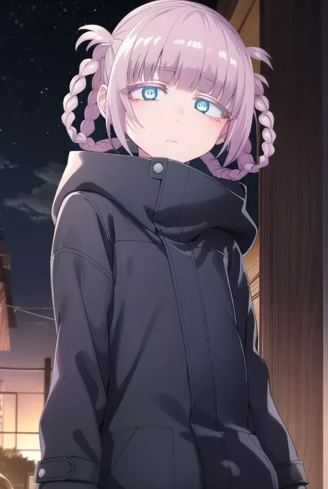 nazunananakusa, <lora:nazuna nanakusa s1-lora-nochekaiser:1>,
nazuna nanakusa, short hair, bangs, blue eyes, pink hair, braid, blunt bangs, hair rings, ringed eyes,
BREAK hood, coat, turtleneck, hood down, black coat,
BREAK outdoors, city, night sky, night, moon, star \(sky\),
BREAK looking at viewer,
BREAK <lyco:GoodHands-beta2:1>, (masterpiece:1.2), best quality, high resolution, unity 8k wallpaper, (illustration:0.8), (beautiful detailed eyes:1.6), extremely detailed face, perfect lighting, extremely detailed CG, (perfect hands, perfect anatomy),