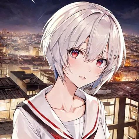 masterpiece portrait of aroused Rei Ayanami \(evangelion\), evangelion \(Hideaki\), caustics, textile shading, high resolution illustration, red eyes, feminine, no pupils, blue hair, short hair, dynamic angle, rooftop, (((night))), serafuku, ((full body shot)), dynamic pose