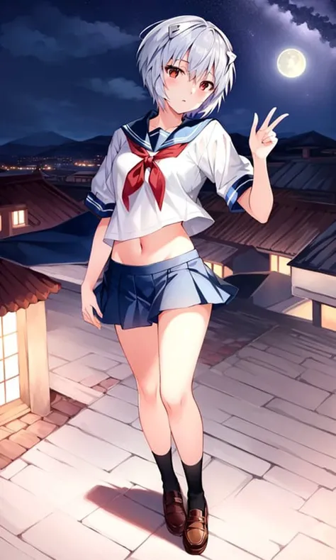 masterpiece portrait of aroused Rei Ayanami \(evangelion\), evangelion \(Hideaki\), (((full body shot))), high resolution illustration, red eyes, feminine, no pupils, blue hair, short hair, dynamic angle, rooftop, (((night))), serafuku, dynamic pose, mesmerizing, striking, looking at viewer