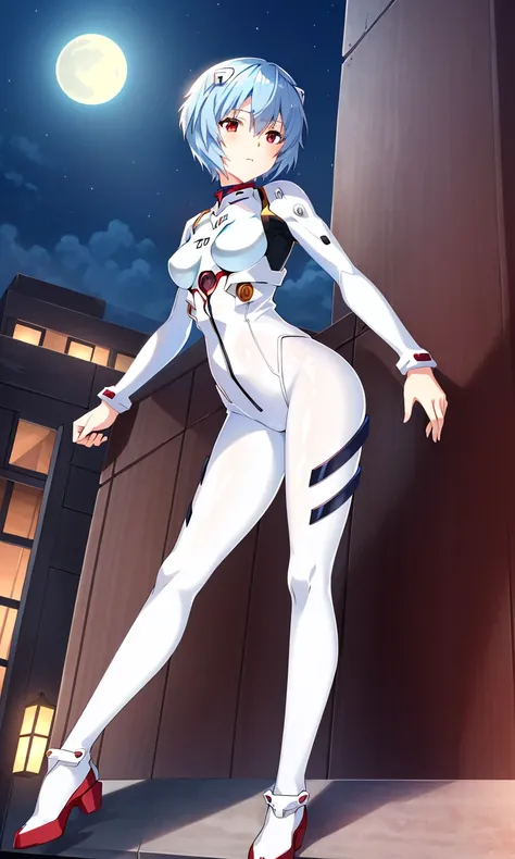 masterpiece portrait of aroused Rei Ayanami \(evangelion\), evangelion \(Hideaki\), (((full body shot))), high resolution illustration, red eyes, feminine, no pupils, blue hair, short hair, dynamic angle, rooftop, (((night))), white plugsuit, dynamic pose, mesmerizing, striking, looking at viewer
