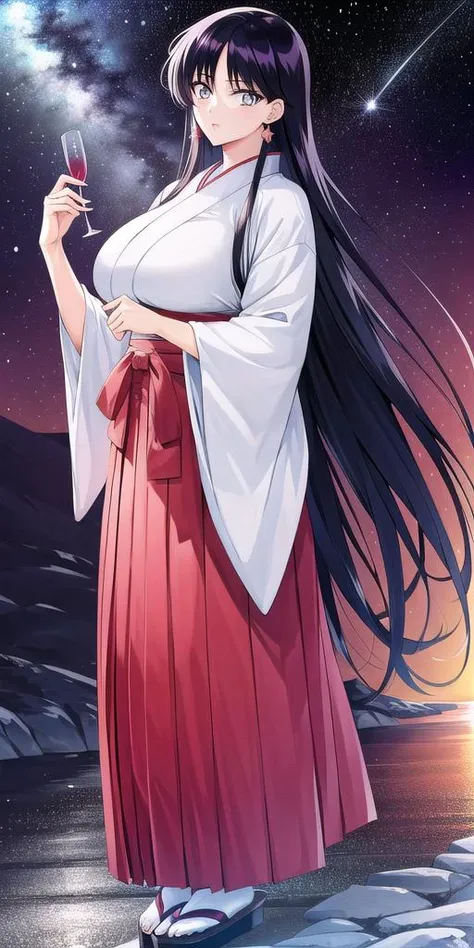 hino_rei, huge_breasts, standing, solo, <lora:HinoReiV9:0.7>, starry_sky, japanese_clothes, miko, red_hakama_skirt, wide_sleeves, tabi, sandals, masterpiece, best quality, detailed face, detailed eyes, highres,