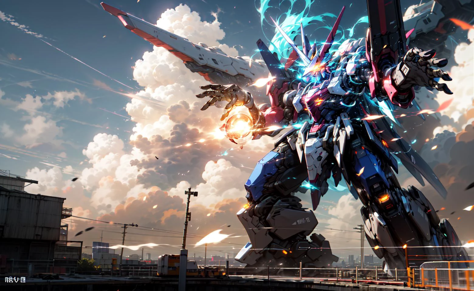 robot, (mecha), v-fin, flaming eye, realistic, ((wide shot)), ((glowing)), ((cinematic lighting)), sidelighting, blue sky, sky, cloudy sky,