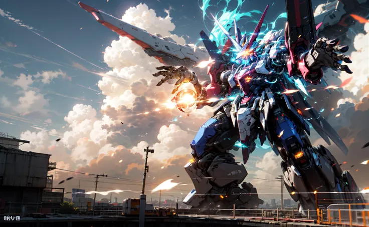 robot, (mecha), v-fin, flaming eye, realistic, ((wide shot)), ((glowing)), ((cinematic lighting)), sidelighting, blue sky, sky, cloudy sky,