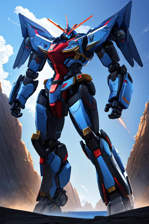 absurdres, masterpiece, biggest quality,
robot, (mecha), v-fin, flaming eye, realistic, ((glowing)),
((wide shot)), ((cinematic lighting)),
sidelighting, blue sky, sky, cloudy sky,
<lora:image_compositionLoCon:1>