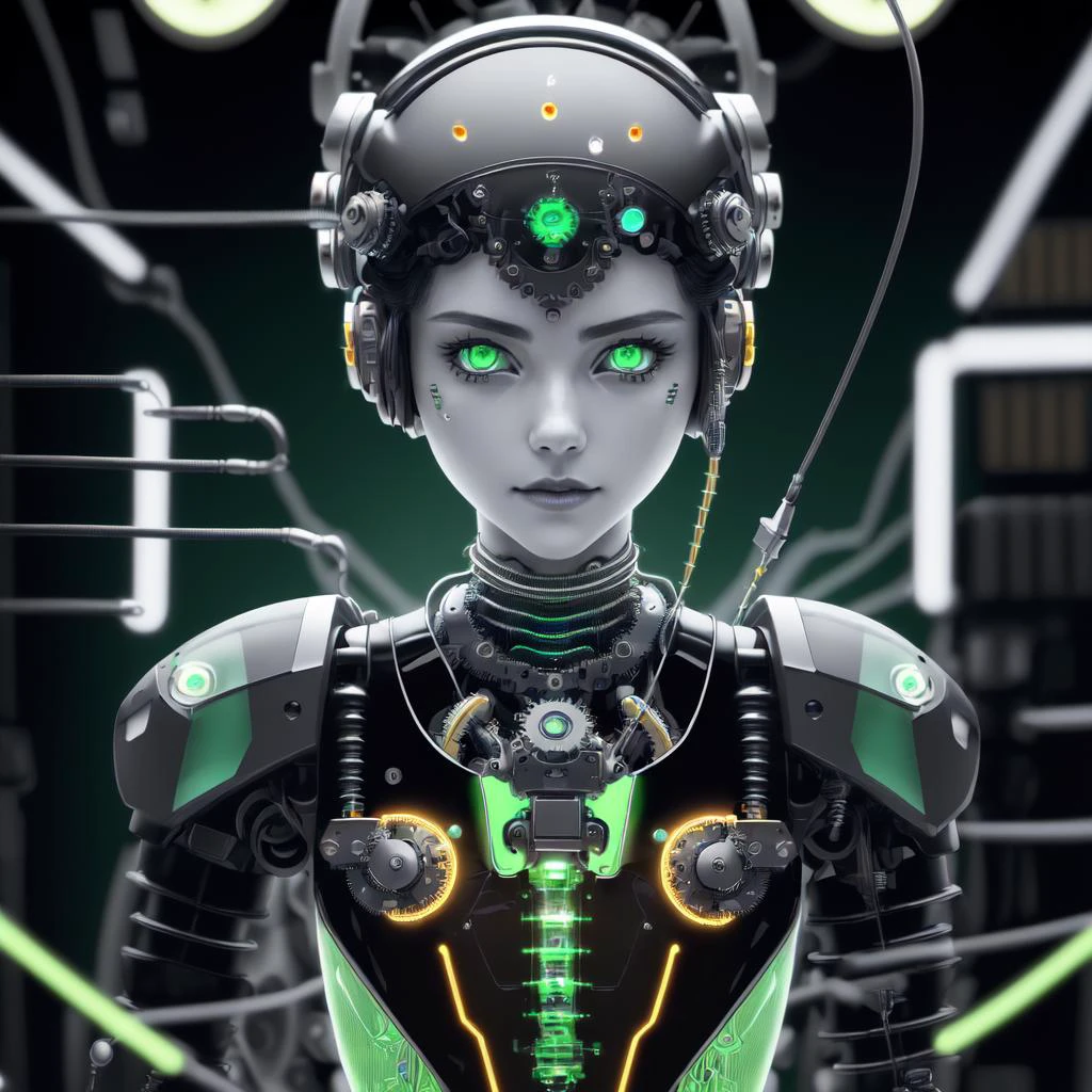 8k ultrafine highly detailed wallpaper, masterpiece, glowing neon code effect around all bright color, surreal, neon color undertones, highly detailed short black hair, 1hairclip, ultrafine highly detailed green eyes, (highly detailed face), symmetrical face, (1 mechanical girl:1.5), (transparent surfaces and skins:1.5), (many mechanical gears and electronic components inside the body:1.4), (mechanical vertebra and cervial:1.3), solo, expressionless, (wires and cables from spine to arms:1.4), (mechanical arms of surgical machine around:1.2), (Circuit boards:1.4), (character focus:1.3)<lora:image_compositionLoCon:1.0><lora:image_compositionLoCon:1.0>